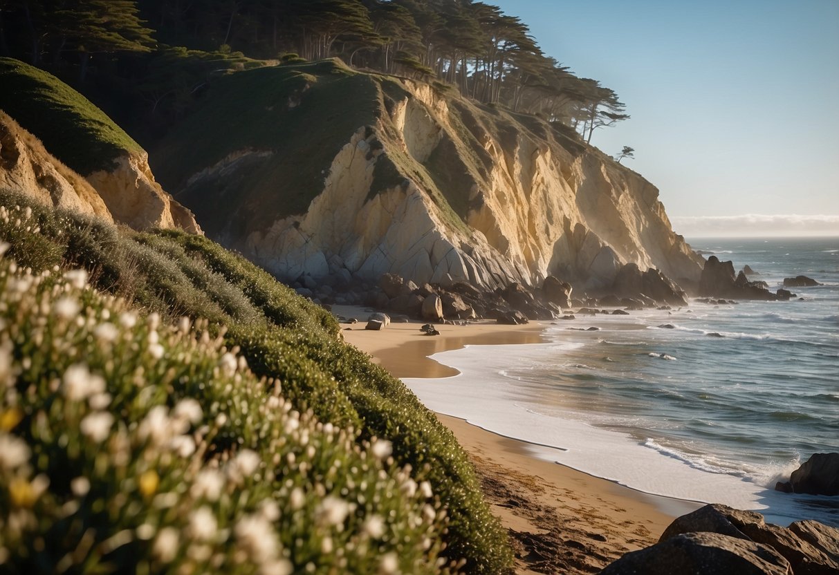 Birds flocking over coastal cliffs, waves crashing on sandy shores, and lush forests surrounding cozy campsites at Monterey Bay, California