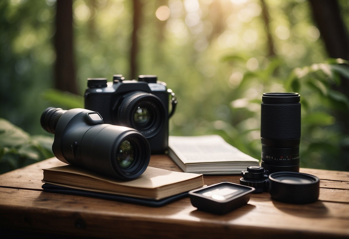 A table with binoculars, bird guidebooks, and a camera. Surrounded by lush trees, a peaceful campsite with a fire pit and a cozy tent