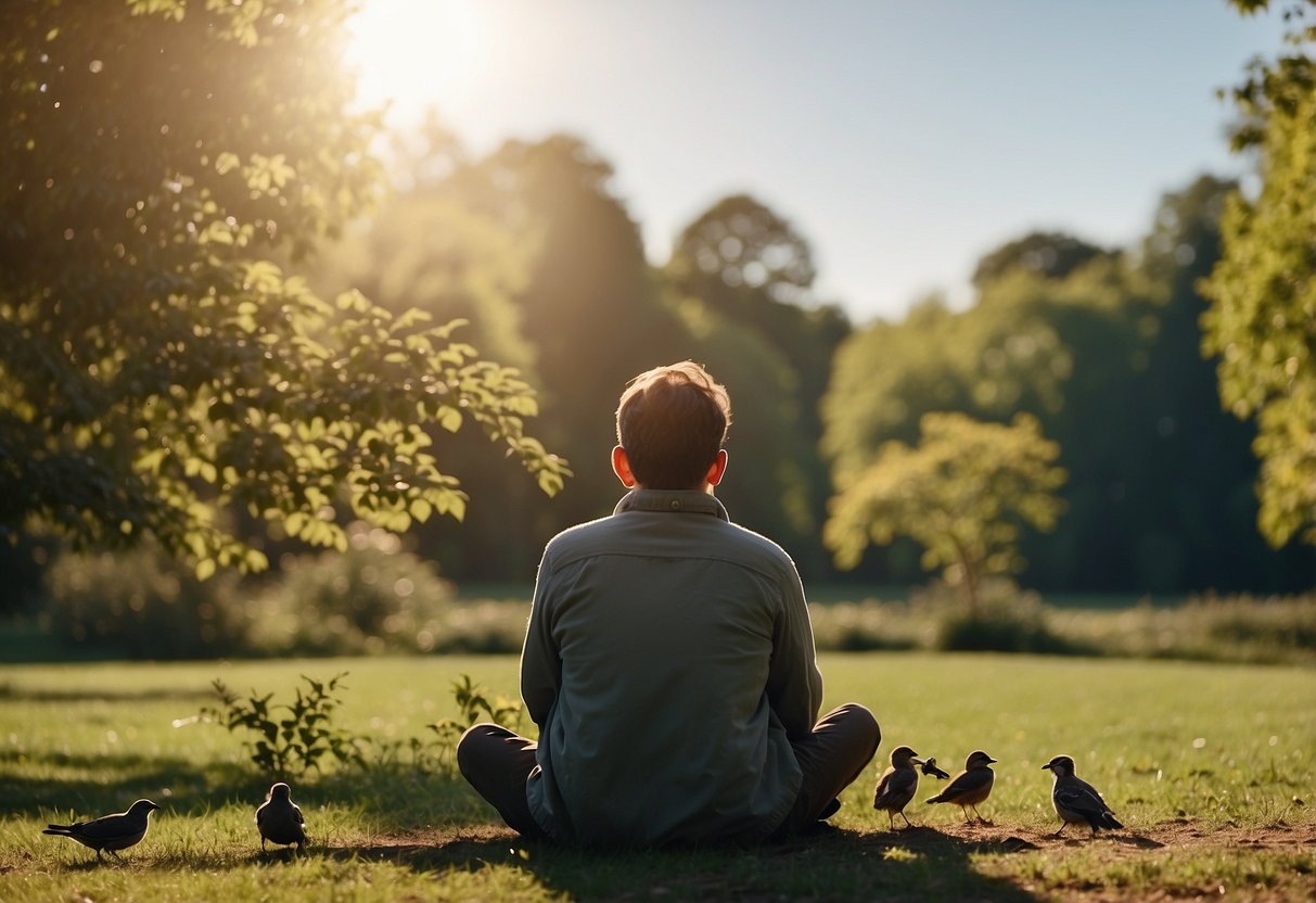 A person sits quietly in a park, binoculars in hand, watching birds in the trees. A notebook and pencil are nearby for jotting down observations. The sun is shining, and the birds are chirping happily