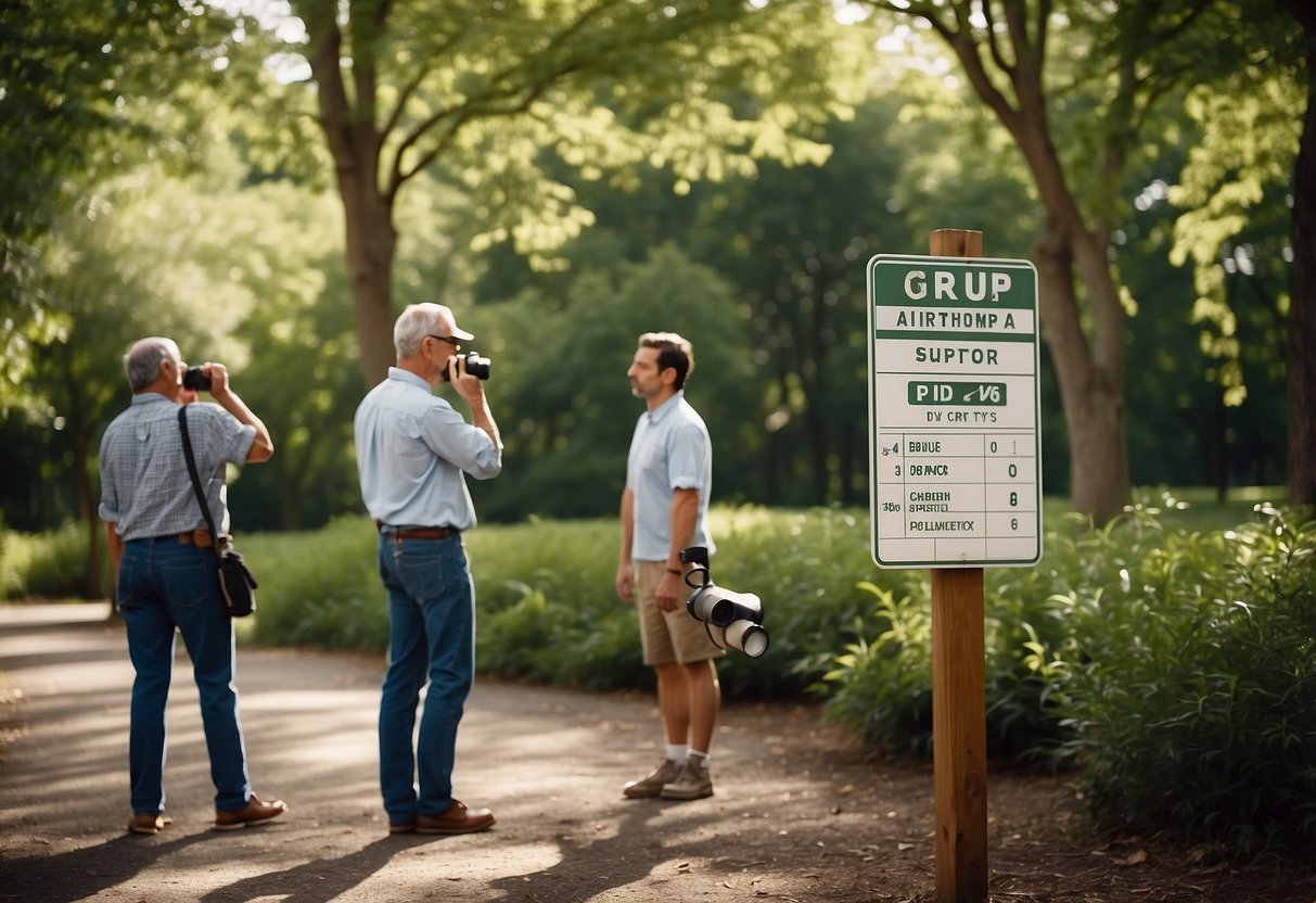 Bird-watching group gathers in park, binoculars raised. Trees and bushes surround them. Budget-friendly tips displayed on nearby sign