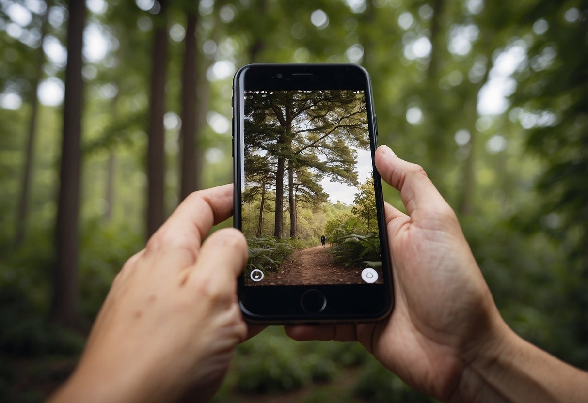 A person uses a free bird-watching app on their smartphone, holding it up to the sky while surrounded by trees and wildlife