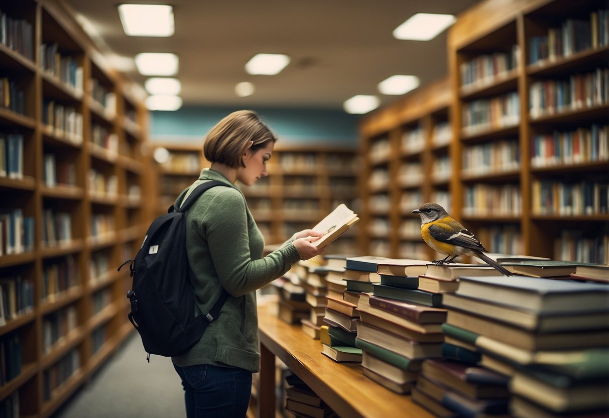 A person borrowing books on bird watching from a library, surrounded by shelves of books and a sign with "7 Tips for Bird Watching on a Budget"