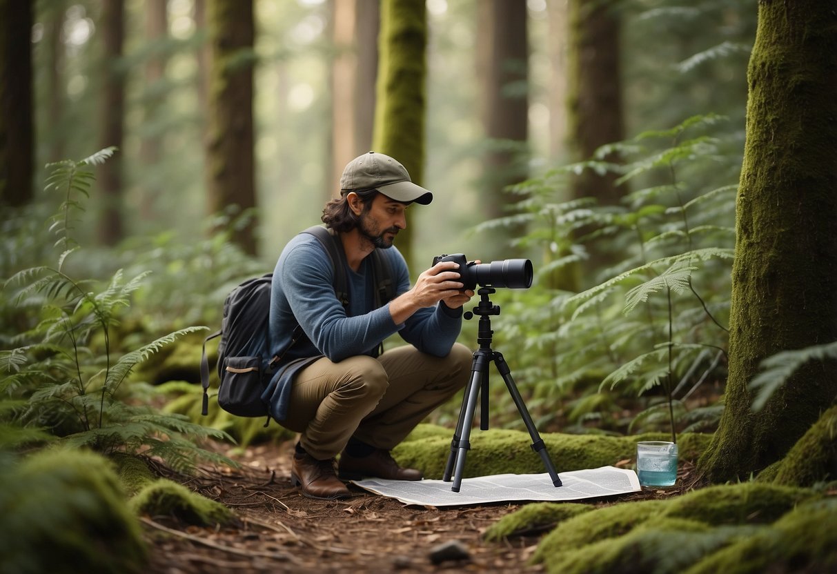 A birdwatcher sets up a tripod and binoculars in a peaceful forest clearing, surrounded by diverse trees and chirping birds. A map and guidebook lay nearby, and a small backpack holds snacks and water