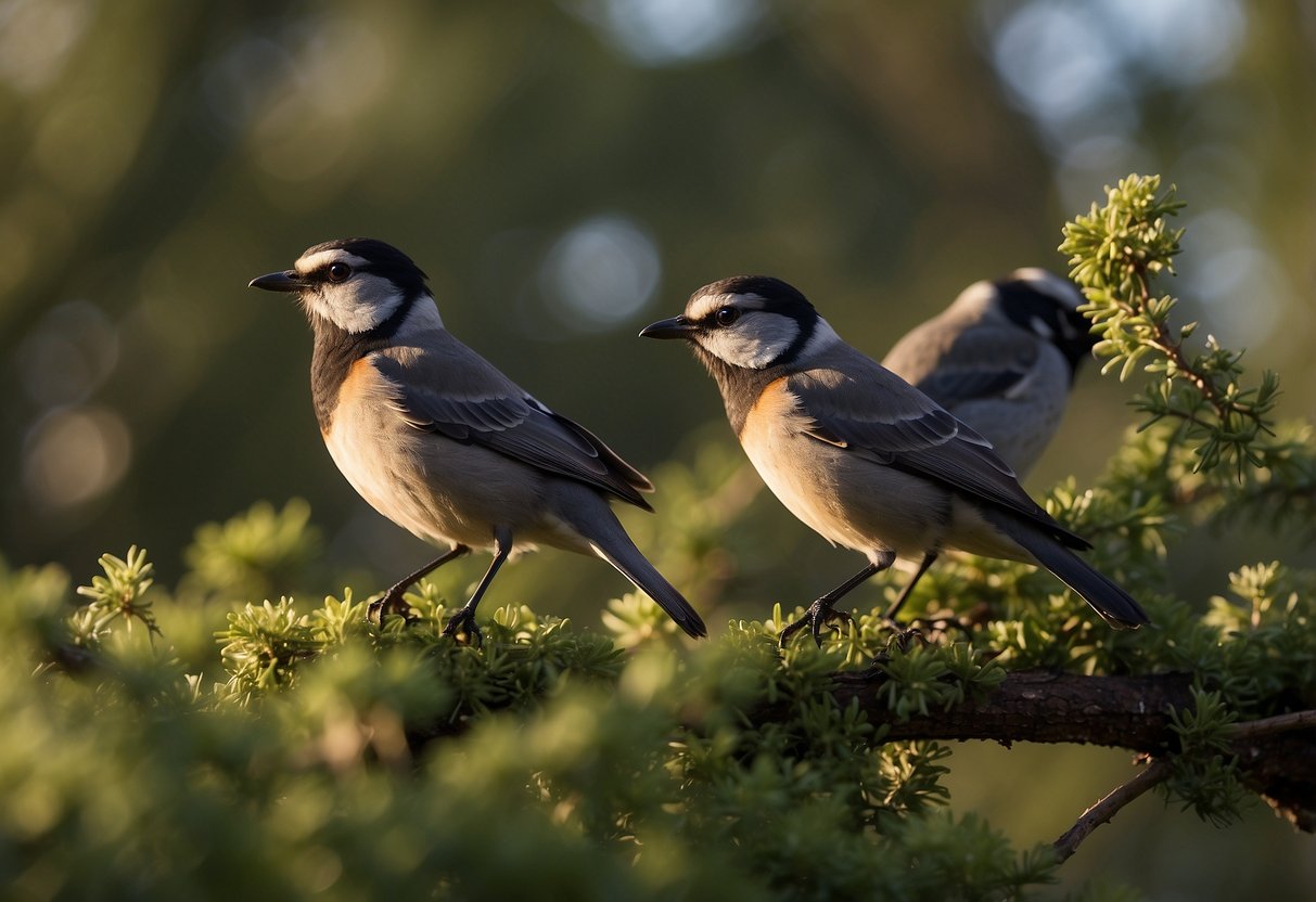 Birds perched on branches, flying in the sky, and feeding on the ground. Binoculars, field guide, and notebook nearby. Natural setting with trees, bushes, and open space