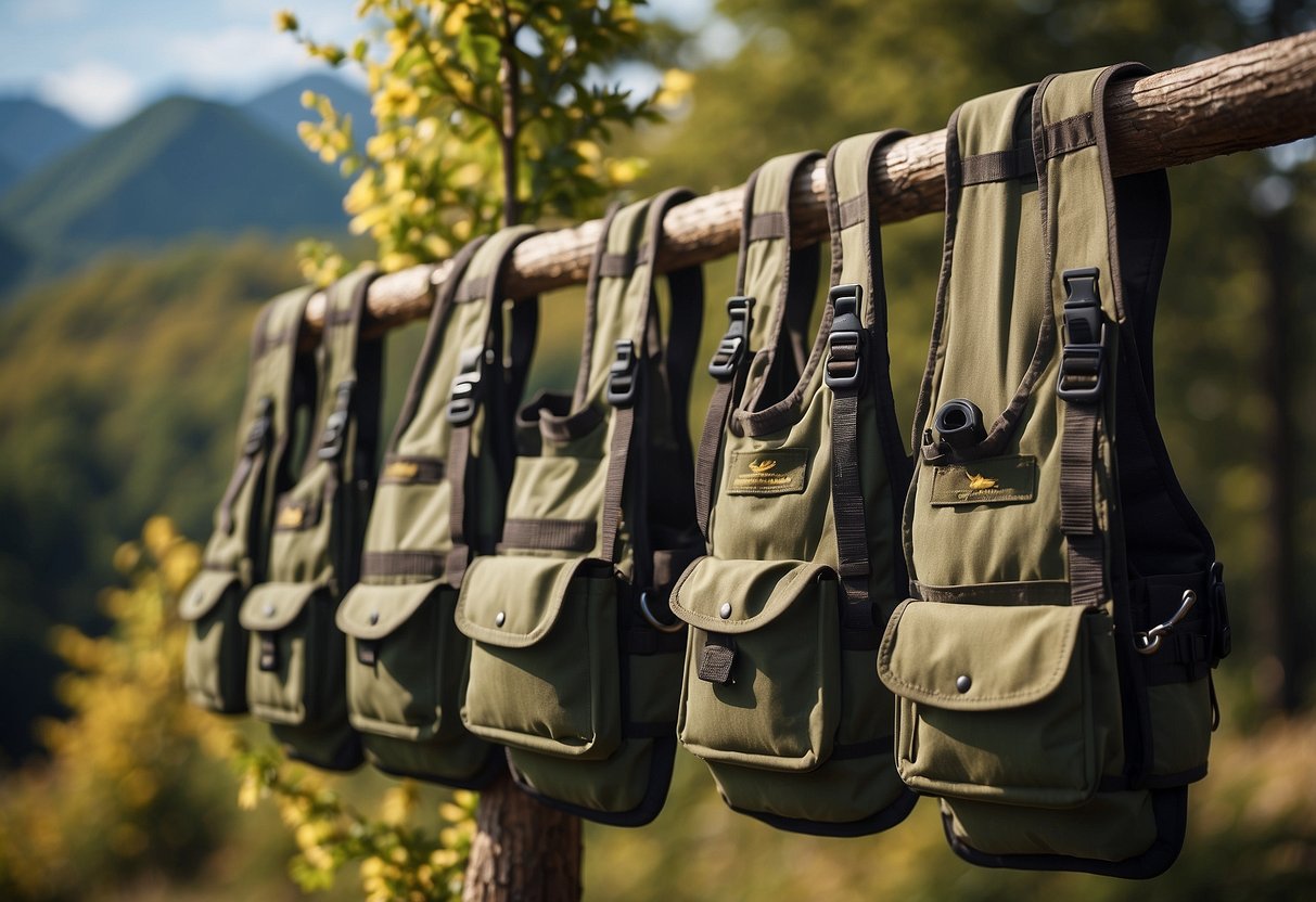 Bird watching vests displayed on hooks, with various pockets and lightweight materials. Natural scenery in the background