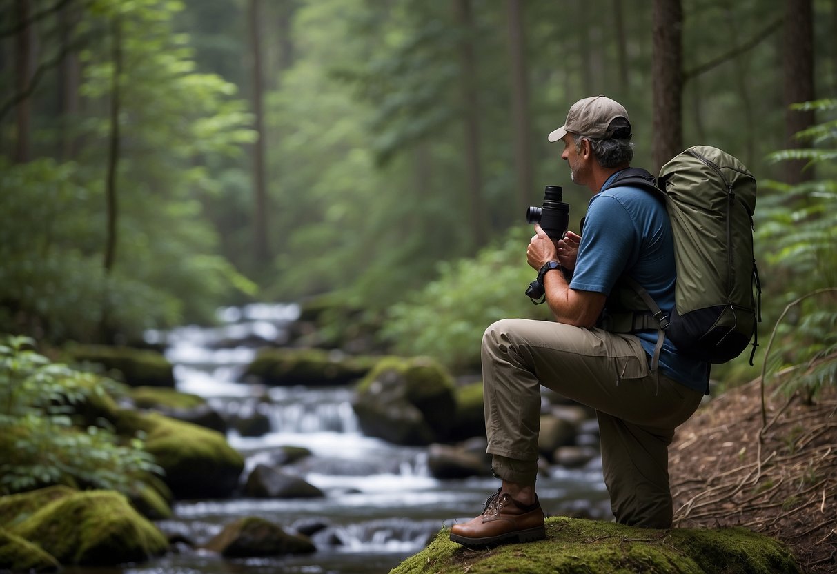 A forest clearing with a birdwatcher's backpack and binoculars, surrounded by trees and a gentle stream, with a Columbia Men's Voodoo Falls 590 TurboDown Vest draped over a nearby branch