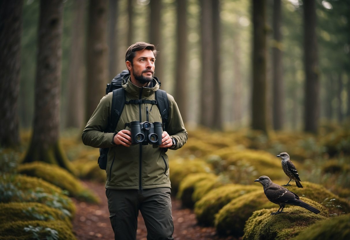 A birdwatcher wears a North Face ThermoBall Eco Vest, binoculars around neck, standing in a forest with birds in trees