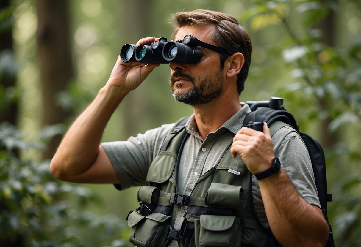 Bird watching scene with lightweight vests: Forest setting, binoculars hanging from vest, pockets filled with bird guidebooks and snacks, camera attached to vest strap, birdwatcher scanning treetops