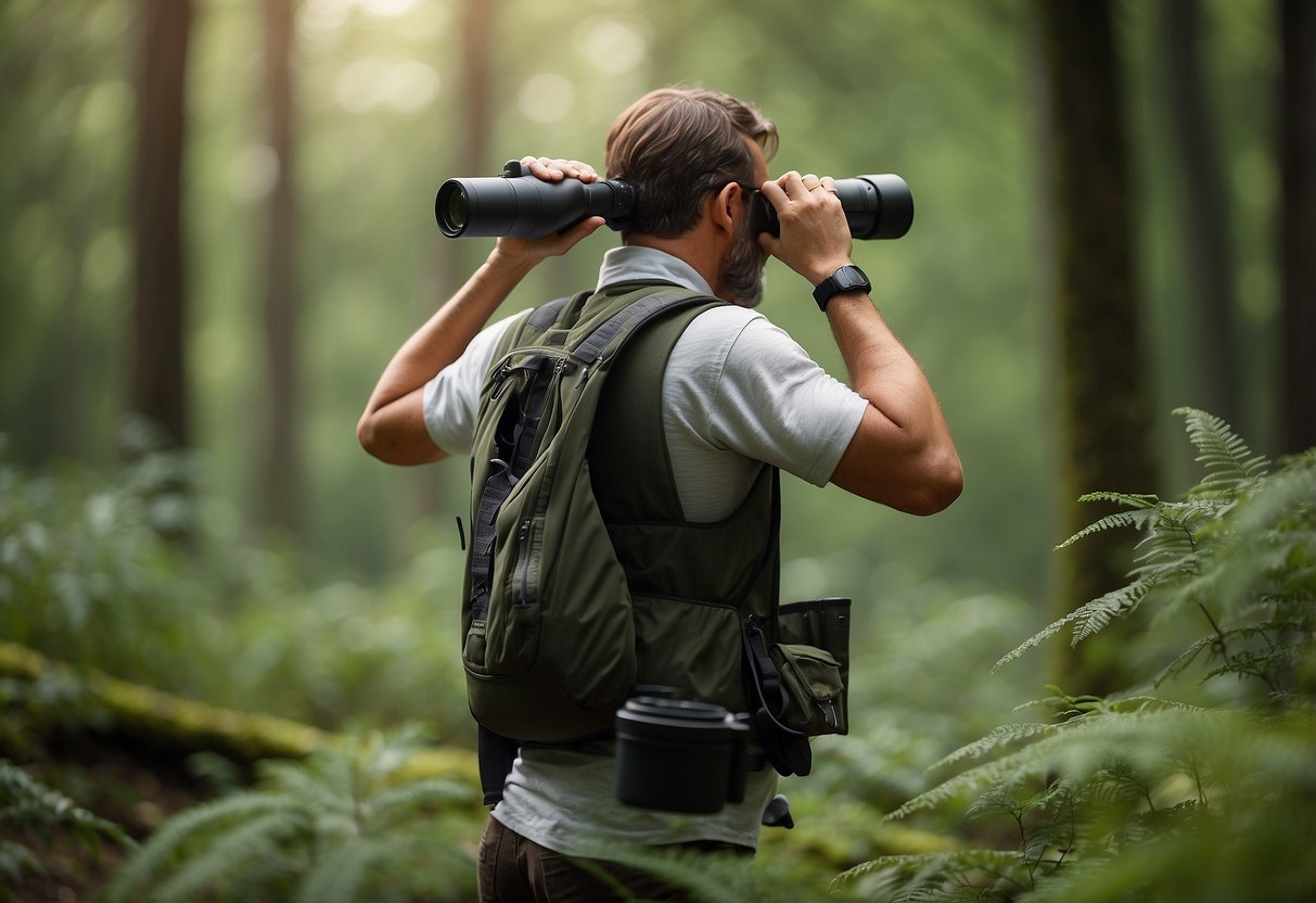 A tranquil forest clearing with a variety of bird species perched on branches, with a person wearing a lightweight vest observing them through binoculars