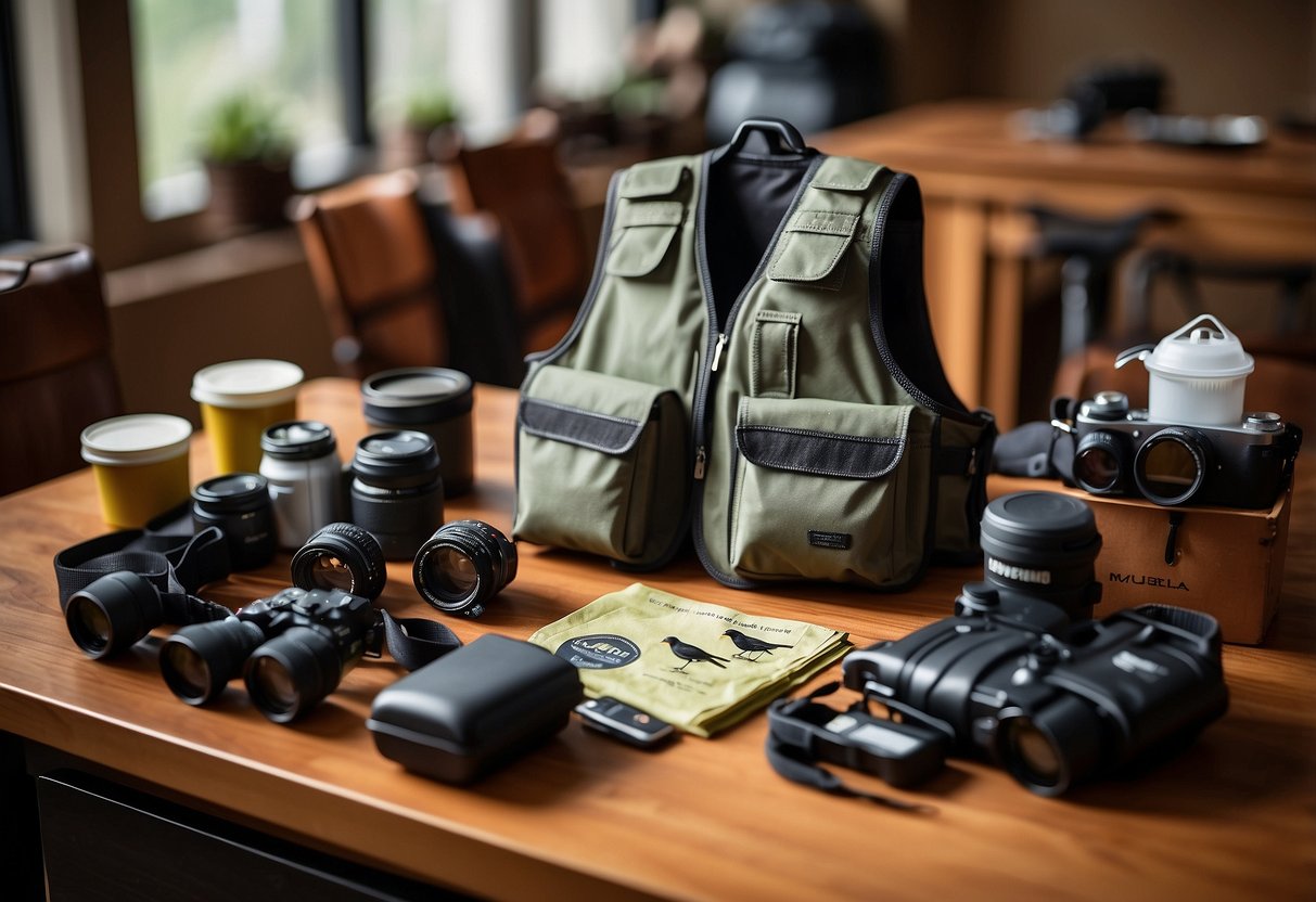 Bird watching vests neatly organized on a table with care items like binoculars, bird guidebooks, and small containers for snacks and water