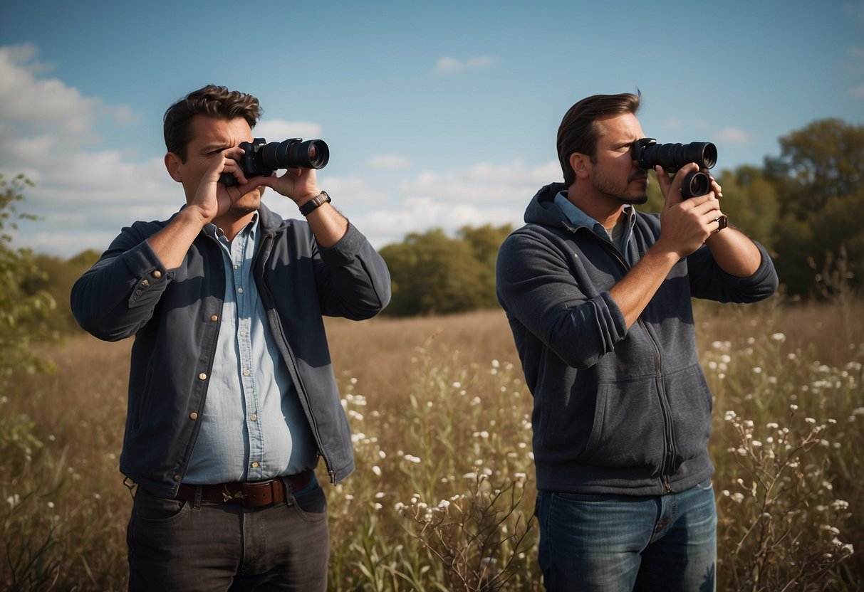 Birdwatchers making mistakes: scaring birds with loud noises, getting too close, using flash photography, and making sudden movements