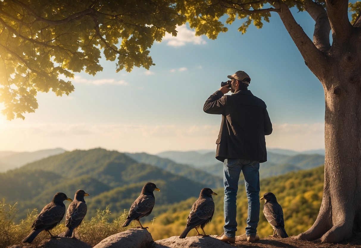 A figure with binoculars facing away from a tree with various birds, looking at a phone instead