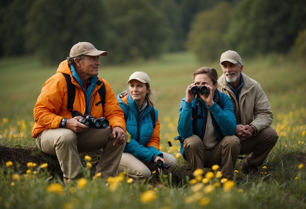 Birdwatchers in bright clothing make 10 common mistakes. Binoculars and field guides are scattered around the scene