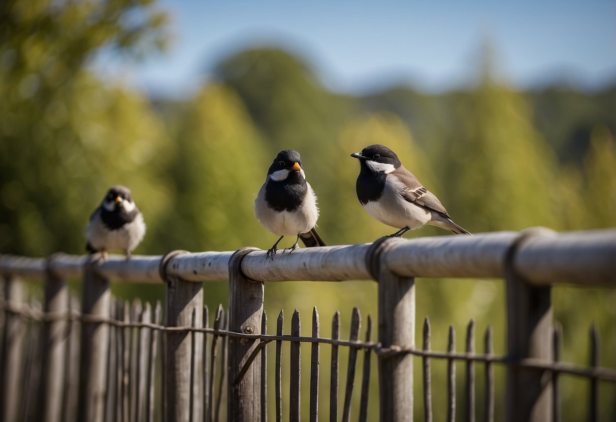 Birds perched on "No Trespassing" signs, a fence, and a private property gate. Binoculars and cameras pointed at the birds