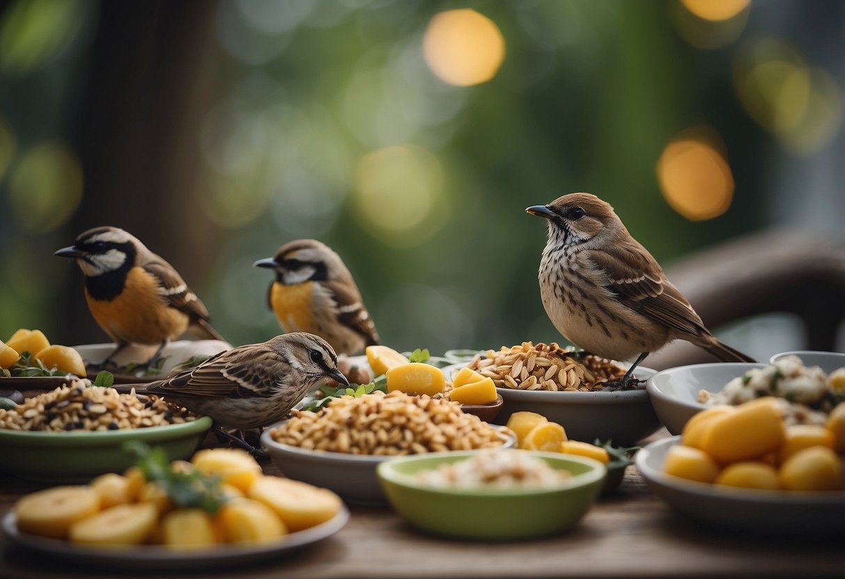 Birds eating human food, surrounded by common bird watching mistakes