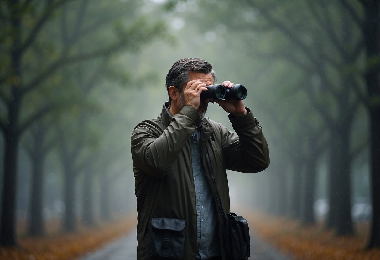 Birdwatcher ignores weather, gets soaked. Binoculars fogged. Birds hide. Frustrated, leaves early