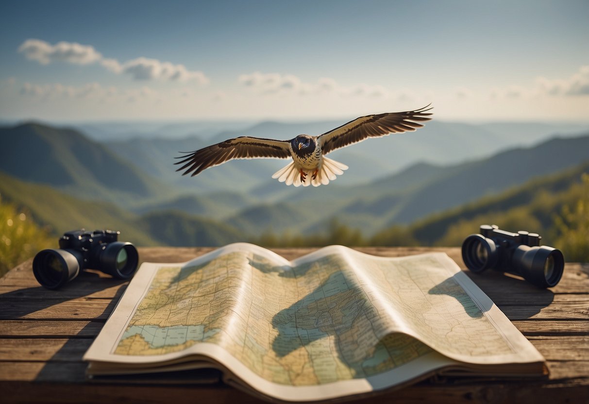 Birds flying in V-formation over a landscape with a map of migration patterns. Binoculars and guidebooks scattered on the ground