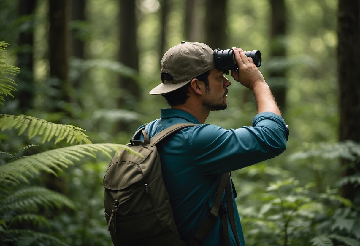 Bird watchers in a lush forest, binoculars in hand. Avoiding noise and sudden movements. Not getting too close to birds or disturbing their habitats