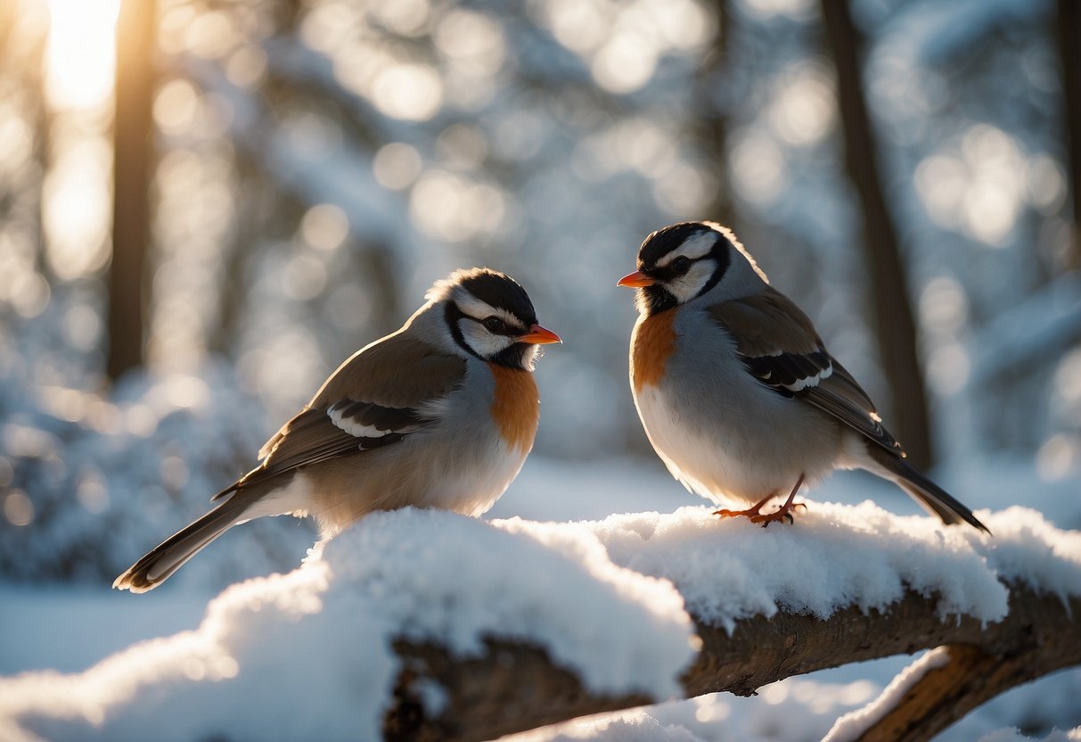 Birds perched on snow-covered branches, fluffing their feathers. Sunlight filters through the trees, casting a warm glow. A thermos sits nearby, steaming. A cozy scarf and gloves are draped over a binoculars