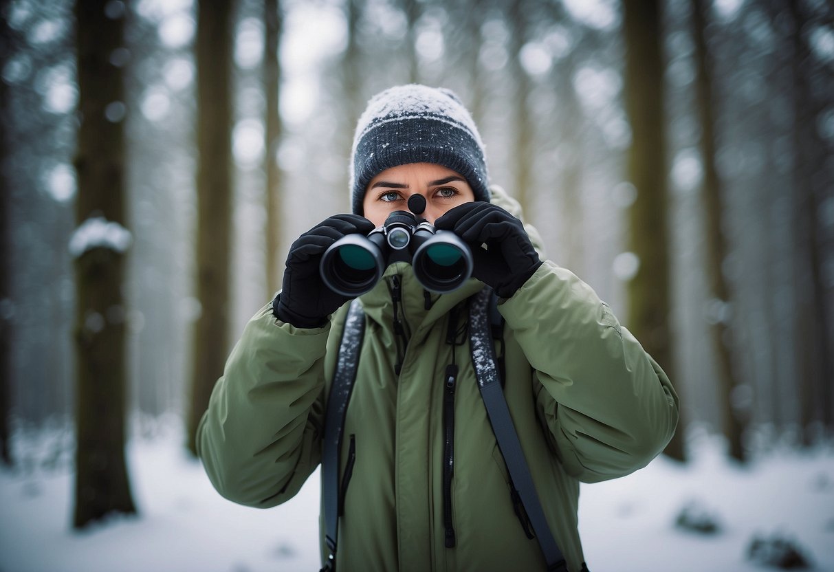 A person wearing thermal clothing stands in a forest with binoculars, surrounded by birds