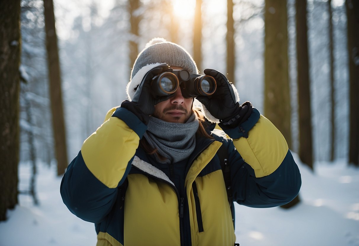 A person wearing heated gloves, binoculars around neck, standing in a snowy forest. Birds perched on branches. Snow-covered ground. Sunlight filtering through trees