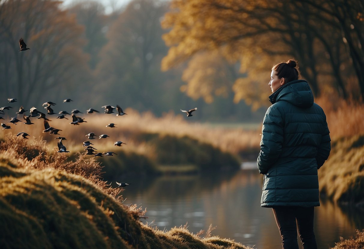 A person in a waterproof jacket watching birds in a chilly setting, surrounded by trees and wildlife