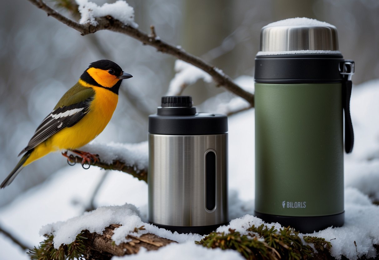 A Thermos sits on a tree stump, steam rising from the open lid. A pair of binoculars and a bird guidebook are nearby. The scene is surrounded by winter foliage and birds flitting about