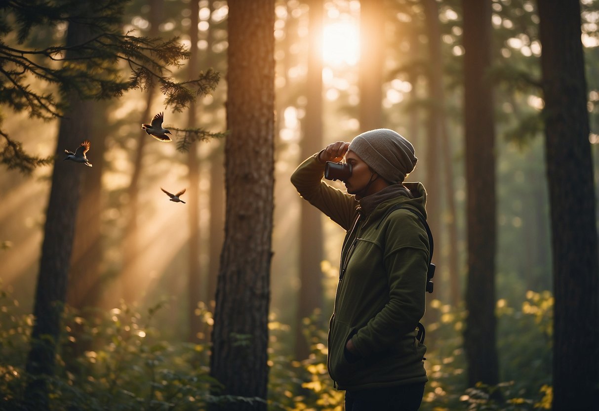 A person wearing a neck gaiter, binoculars around their neck, standing in a wooded area with birds flying around. The sun is setting, casting a warm glow on the scene