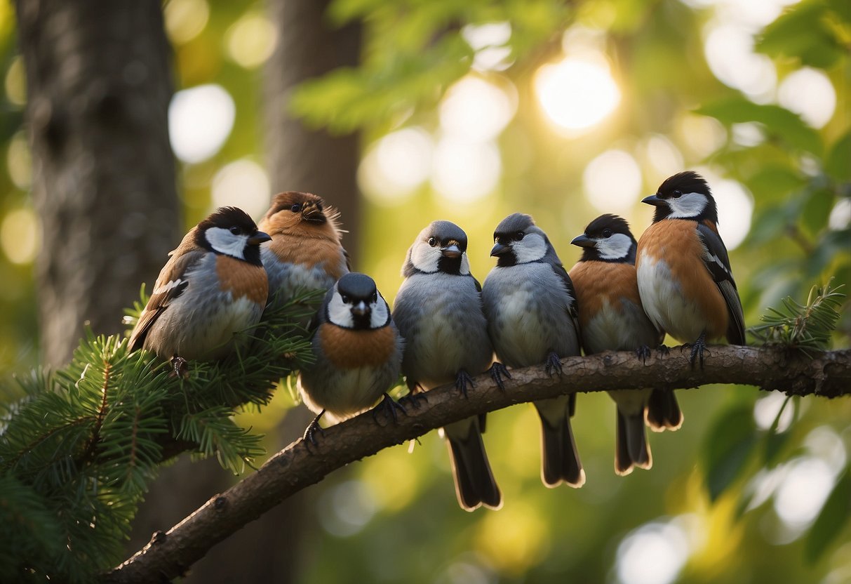 Birds huddle together on a tree branch, fluffing their feathers. Sunlight filters through the leaves, warming the air. A small birdhouse is nestled in the branches, providing shelter from the cold