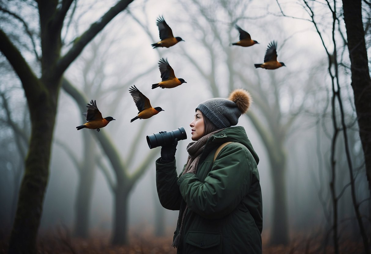 A person is standing in a forest, wearing layers of warm clothing, a hat, gloves, and a scarf. They are holding binoculars and looking up at a group of birds perched on a tree branch