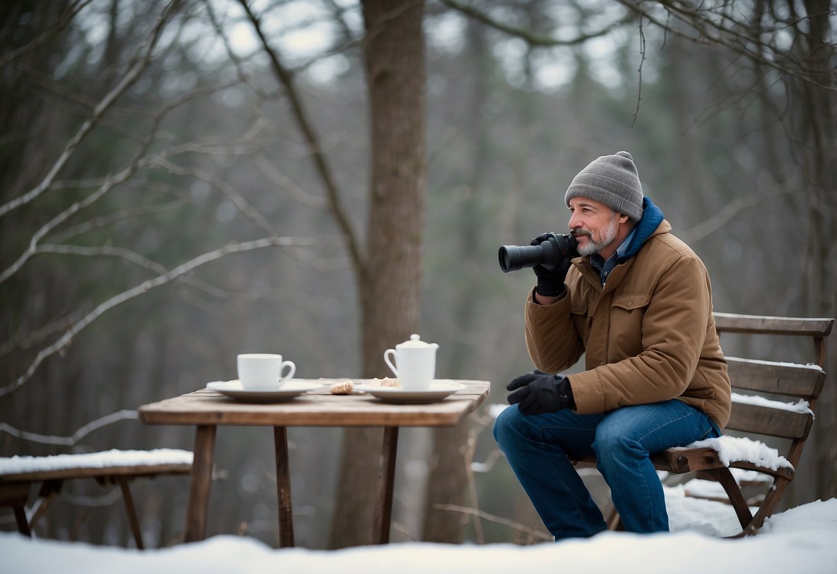 Birdwatcher wears layers, hat, and gloves. Uses binoculars and camera. Sits in a cozy, insulated chair with a hot drink. Surroundings show winter foliage and bird feeders