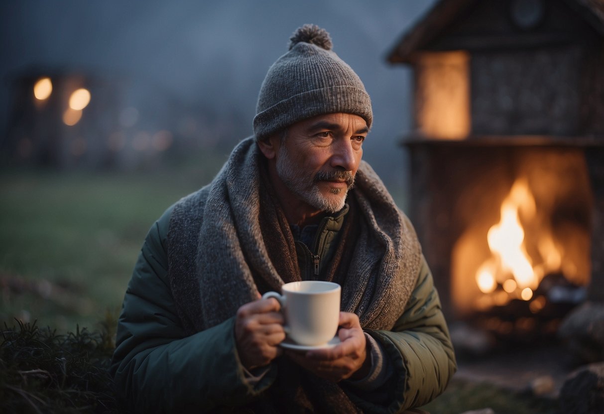 A cozy birdwatcher sits in a sheltered spot, sipping hot tea, wearing layers, and using a blanket. A small fire crackles nearby