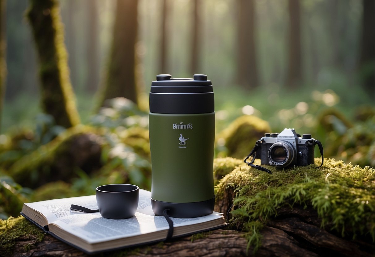 Bird watching scene: A cozy, insulated thermos sits next to a bird guidebook and binoculars on a mossy log. A warm, steaming cup of tea rests on a nearby tree stump