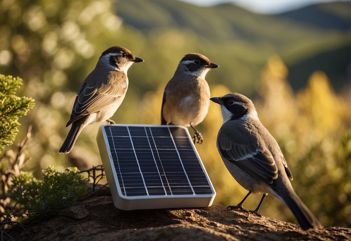 Birds perched near solar chargers in nature setting. Chargers are compact, lightweight, and easy to carry. Sunlight powers chargers for binoculars and cameras