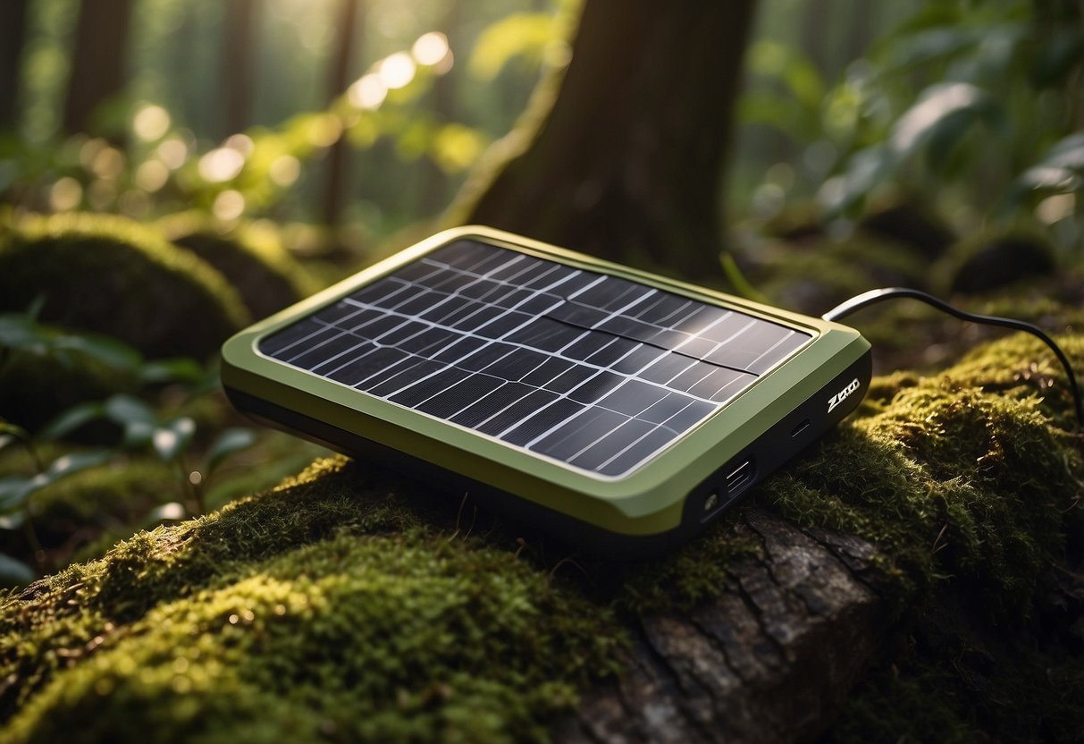 The Goal Zero Nomad 10 solar charger sits on a mossy rock in a lush forest clearing, with sunlight filtering through the trees onto its sleek, portable design