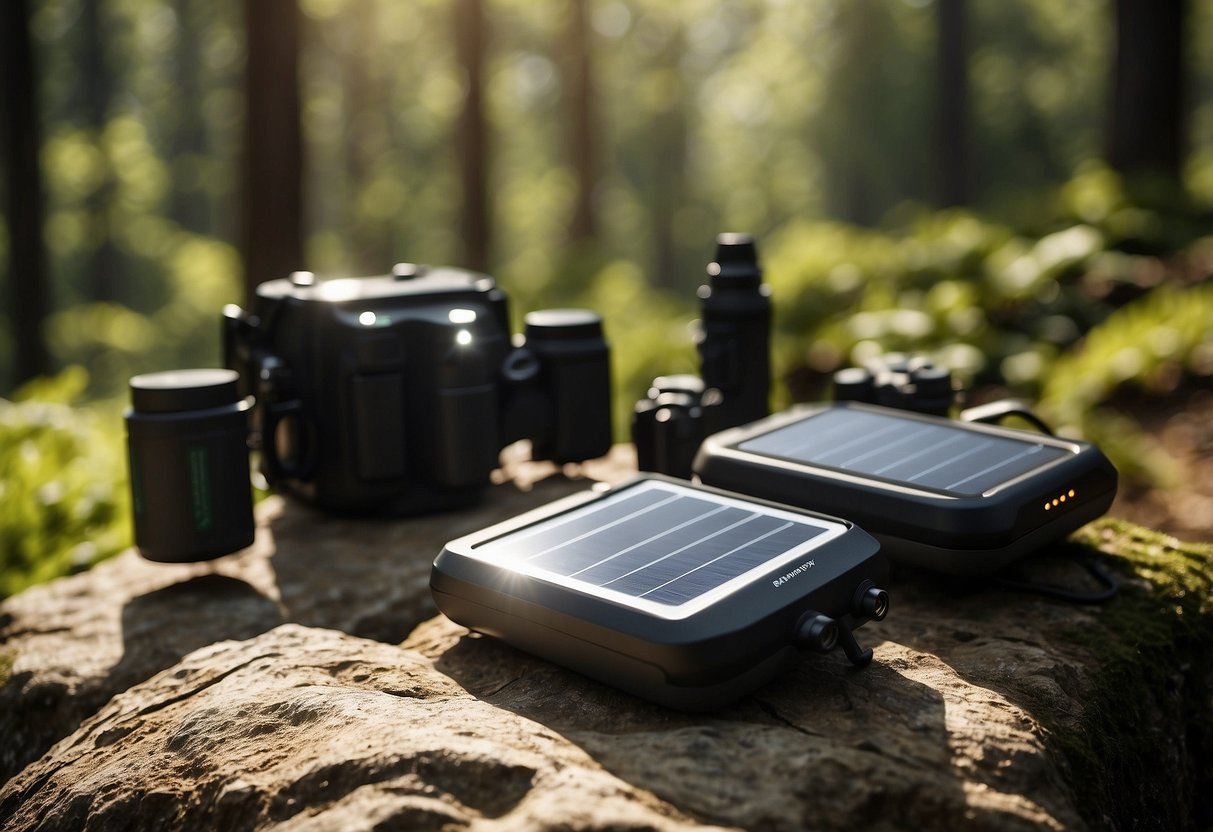 A sunny day in a forest clearing with a RAVPower 24W Solar Charger set up on a rock, surrounded by bird watching gear and binoculars