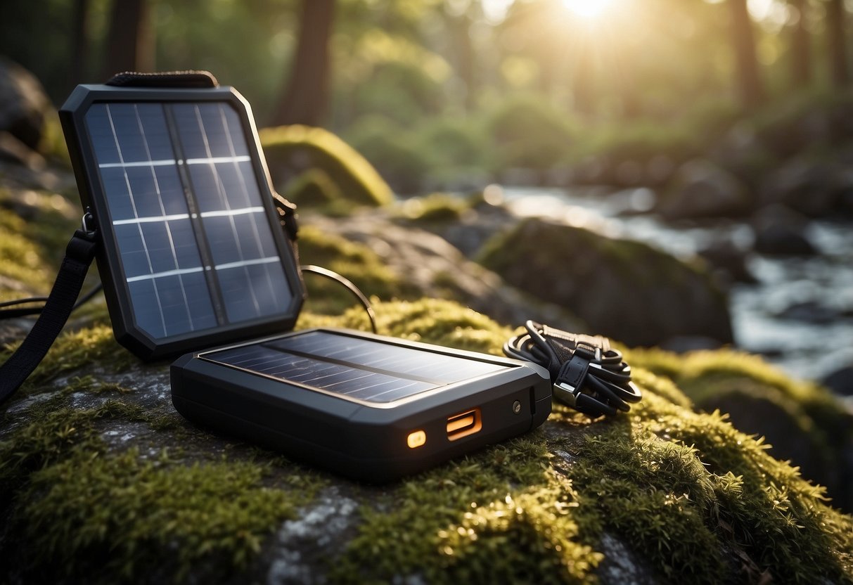 The Anker 21W Solar Charger sits on a mossy rock, surrounded by bird watching gear. The sun shines down, casting a warm glow on the charger's solar panels