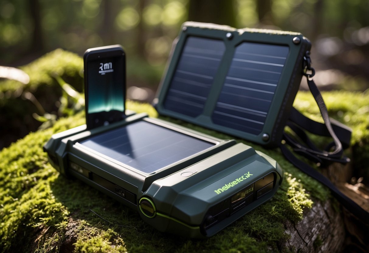 A Nekteck 21W Solar Charger sits on a mossy log in a forest clearing, surrounded by binoculars and a field guide. Sunlight filters through the trees, casting dappled shadows on the ground