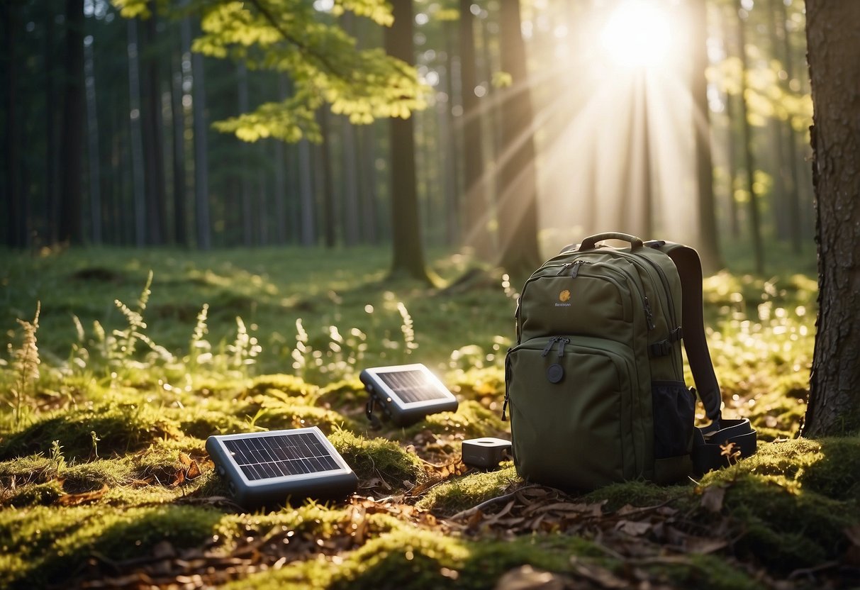 A sunny day in a forest clearing, with a birdwatcher's backpack open, displaying five different solar chargers. Birds flit through the trees, and the sun shines brightly overhead