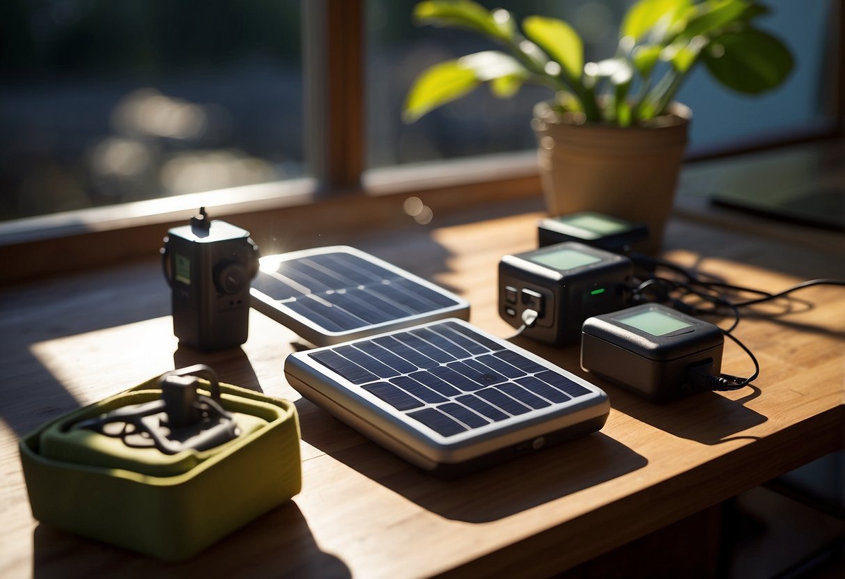 Solar chargers arranged on a table with bird watching equipment. Sunlight shines through a nearby window, casting a warm glow on the chargers