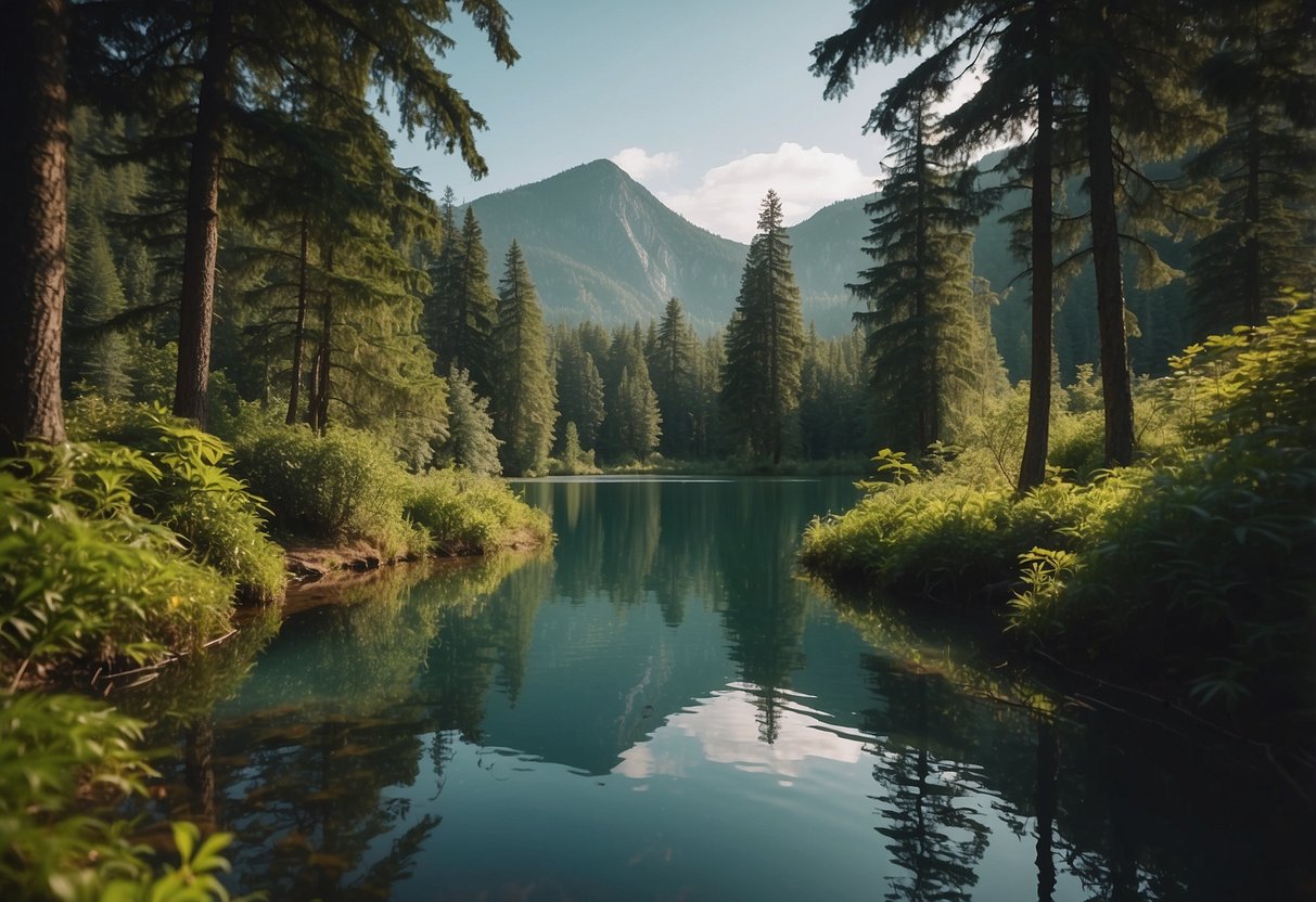 Lush forest with colorful birds perched on branches, surrounded by tranquil lakes and mountains in the background