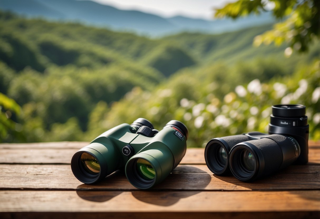 A pair of binoculars, a field guide, and a camera laid out on a wooden table with a backdrop of lush green trees and colorful birds in the distance