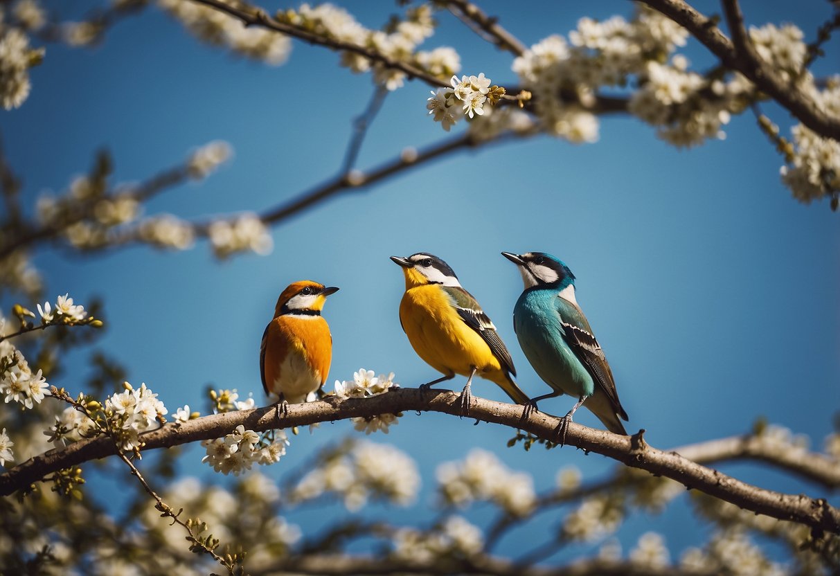 A sunny meadow with a variety of colorful birds perched on branches and flying overhead, with a clear blue sky and a few fluffy white clouds