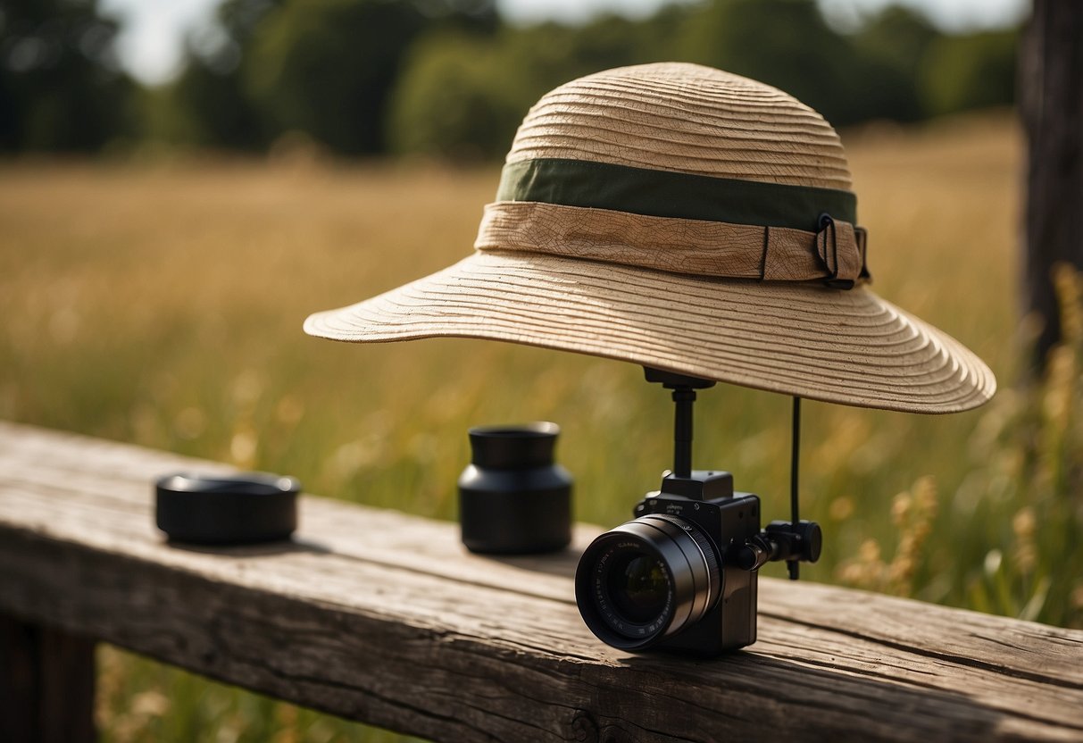 A Sombriolet Sun Hat by Outdoor Research sits atop a wooden bird-watching post, surrounded by binoculars and a field guide