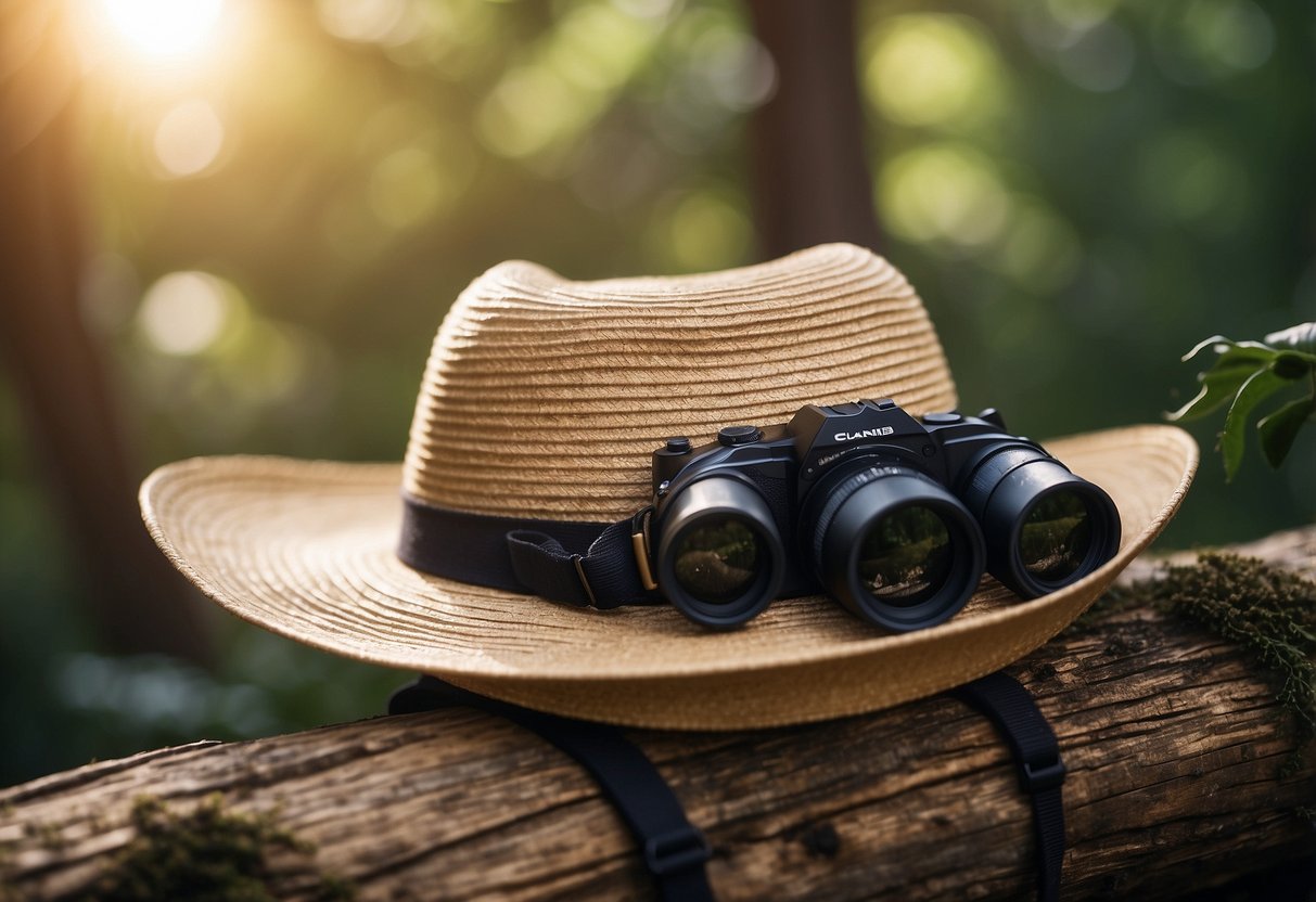 A sun hat with wide brim and adjustable chin strap sits on a tree branch, surrounded by binoculars and birdwatching guidebooks