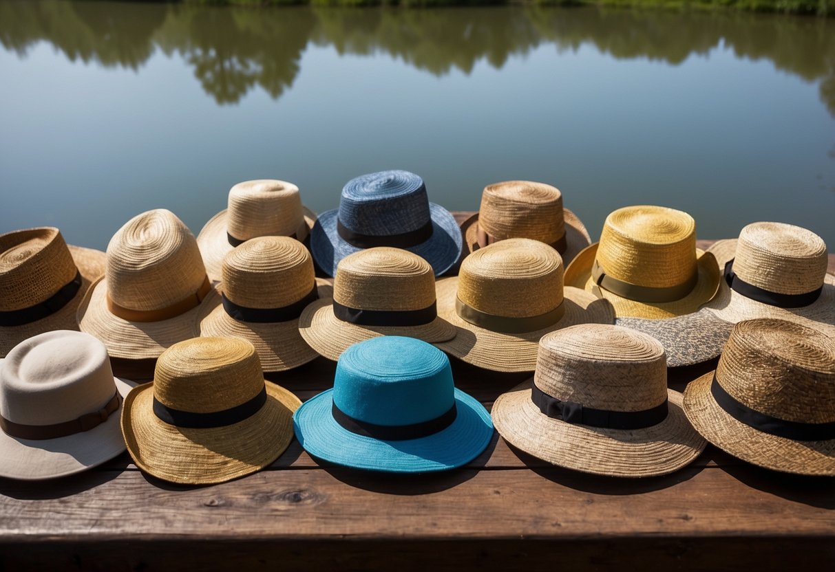 A table with 5 different lightweight bird watching hats, each made of various materials such as straw, nylon, and mesh