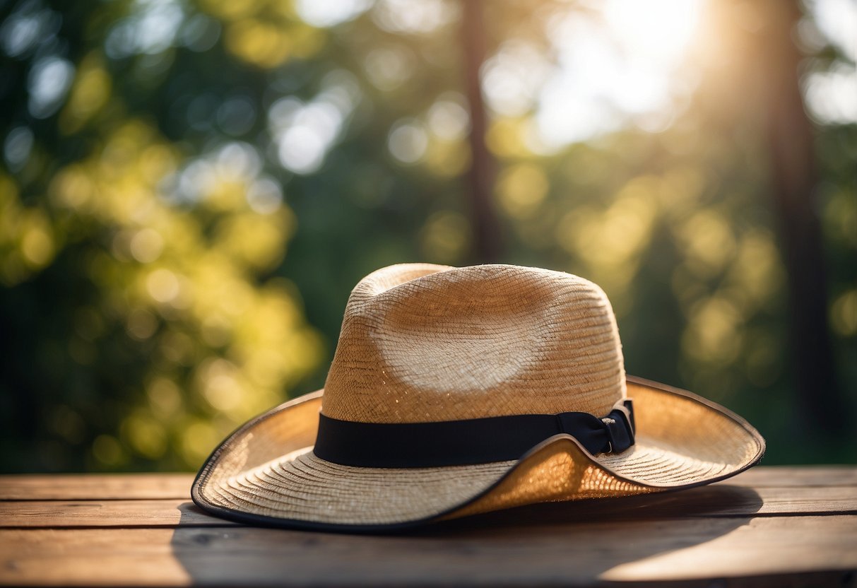 Bright sun, clear sky, trees in background, hat with wide brim, mesh ventilation, adjustable chin strap, lightweight material