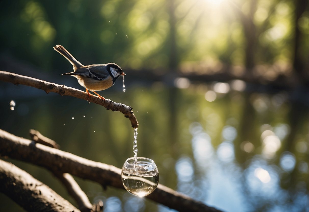 Birds drink from a clear stream. Sunlight reflects off the water. A small filter hangs from a tree branch. A person watches from a distance