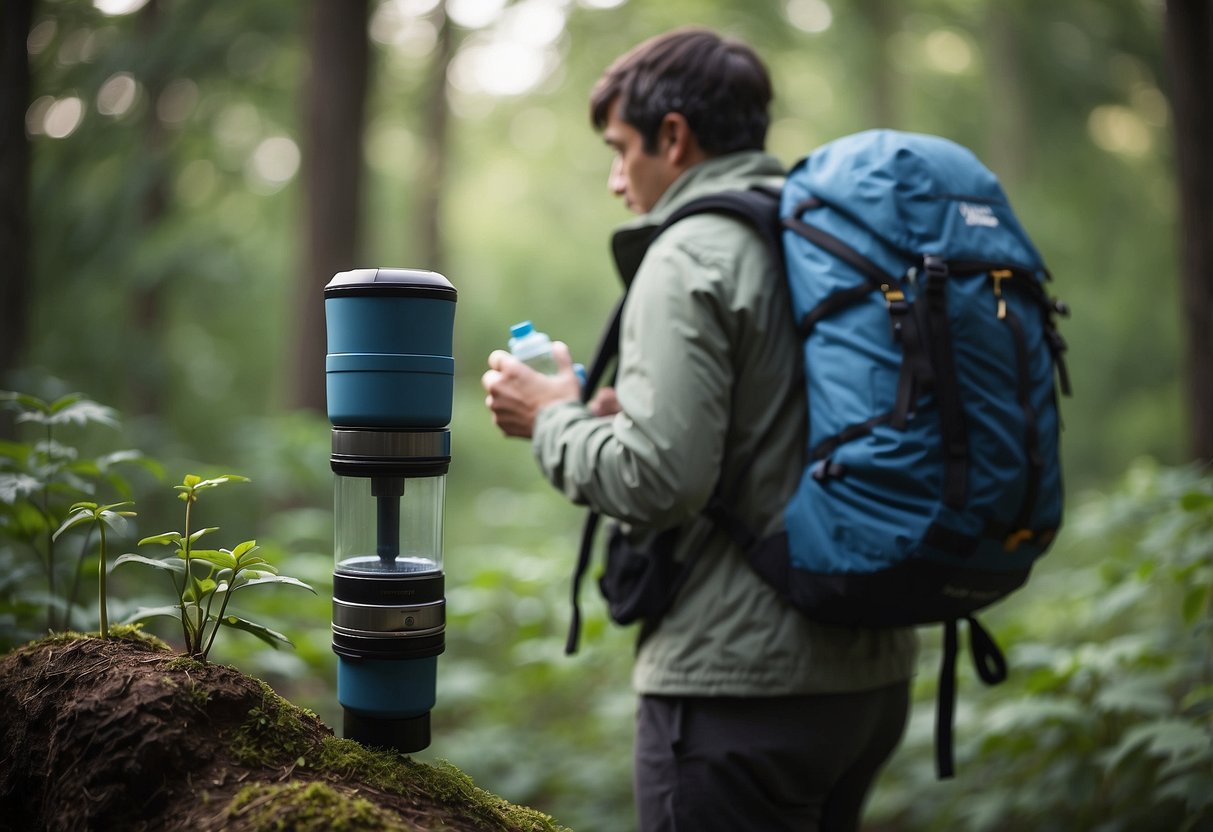 A portable water filter hangs from a backpack while a person watches birds