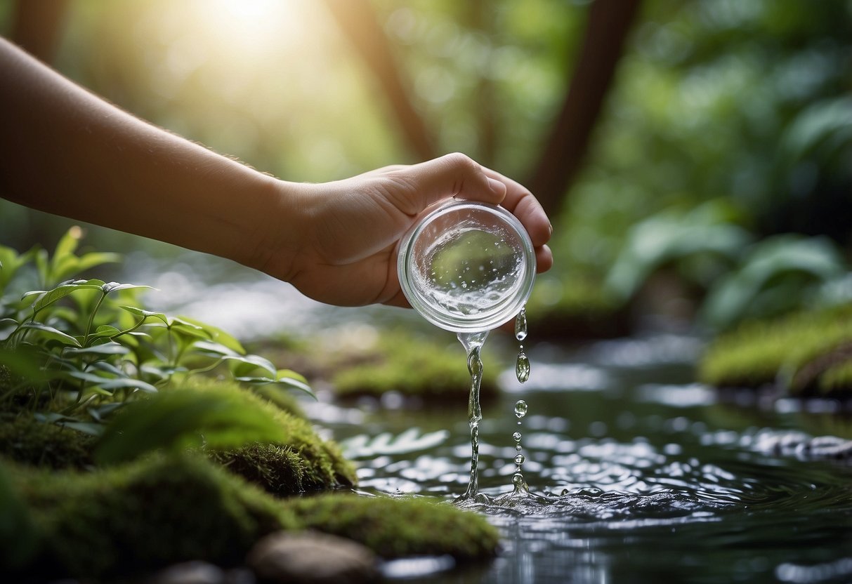 A hand drops water purification tablets into a clear stream, surrounded by lush foliage and birds in a tranquil bird-watching setting